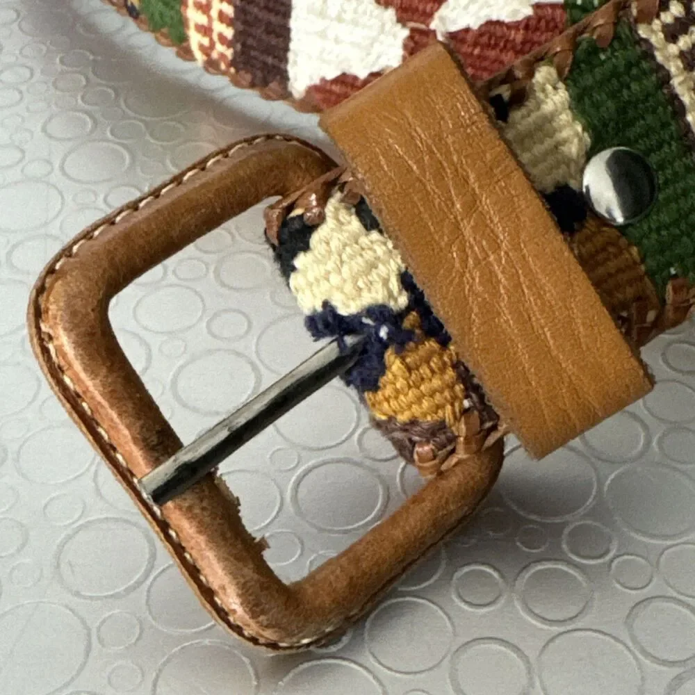 Vintage Handmade Guatemala Woven Belt 36 Cotton Leather Aztec Folk Art